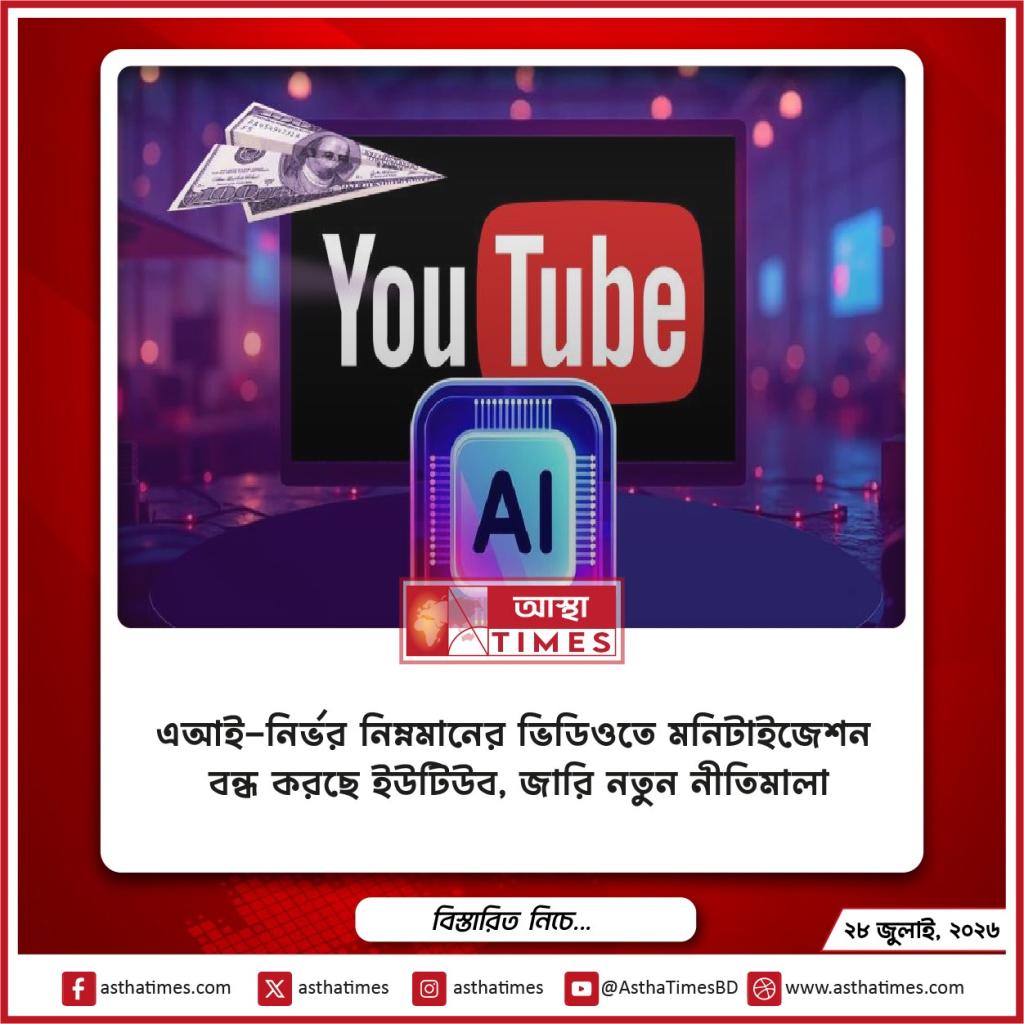 এআই-নির্ভর নিম্নমানের ভিডিওতে মনিটাইজেশন বন্ধ করছে ইউটিউব, জারি নতুন নীতিমালা